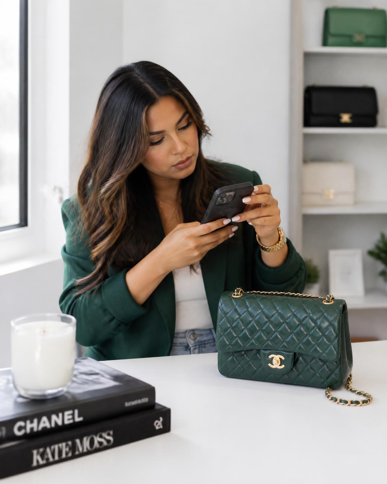 Reseller photographing a luxury quilted handbag with her phone